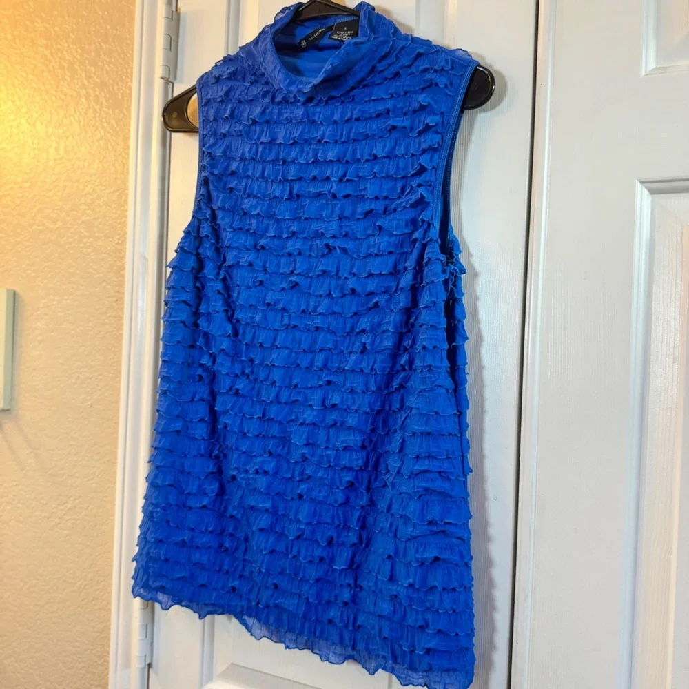 New Directin Royal Blue Girly Ruffle Sleeveless Mid Neck Dressy Top Size Large - Picture 2 of 4